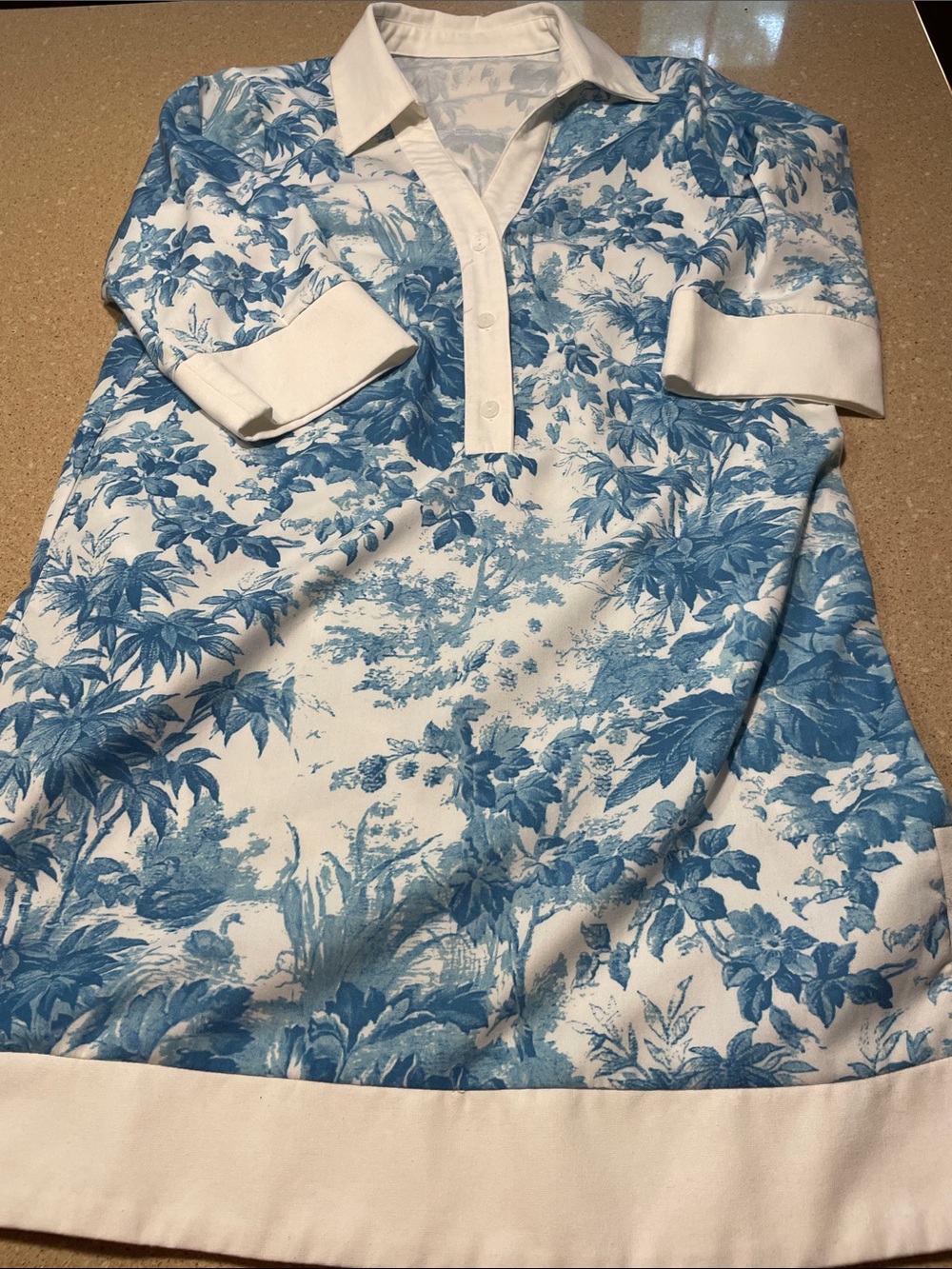 Blue Toile Print Polo Shirt Dress with White Trim